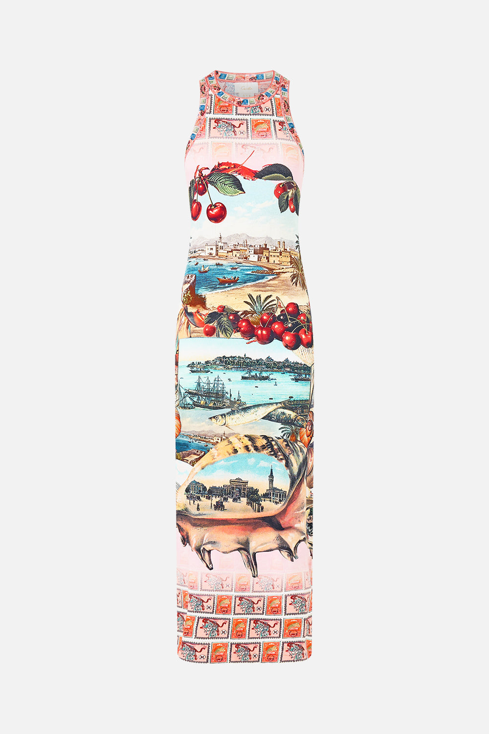 The CAMILLA JERSEY TANK DRESS NOTES FROM THE ROAD in our  print.