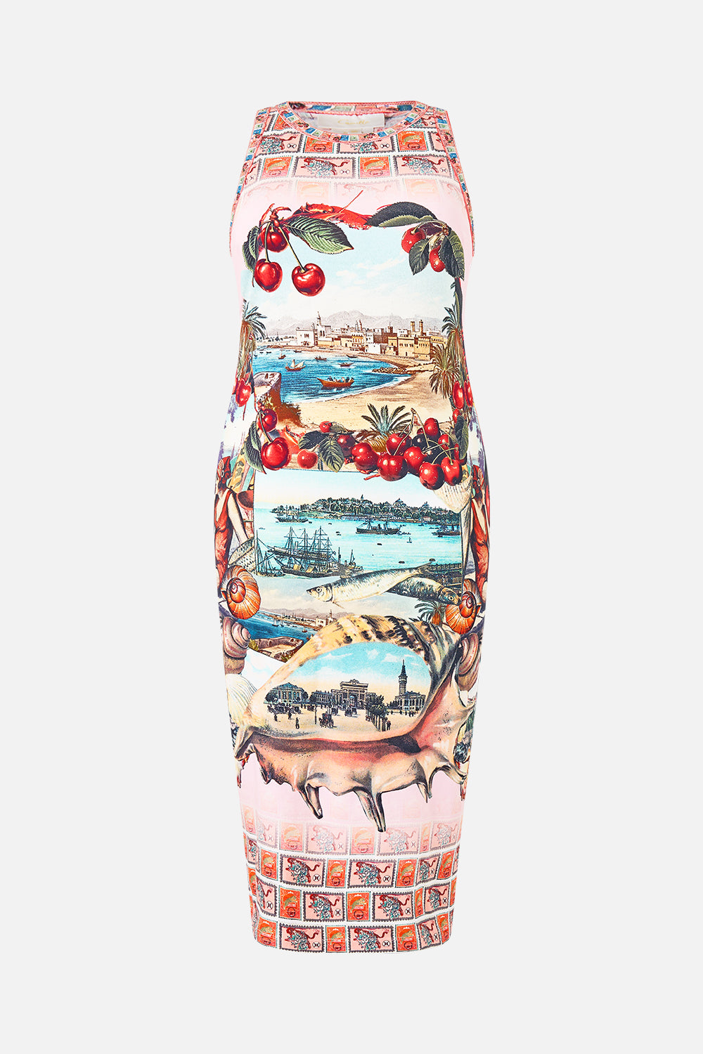 The CAMILLA JERSEY TANK DRESS NOTES FROM THE ROAD in our  print.