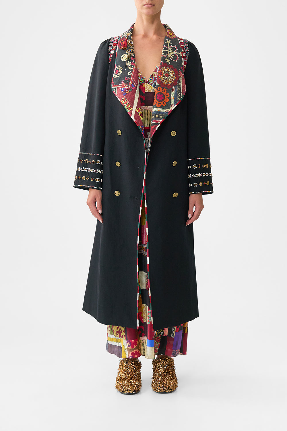 The CAMILLA COAT WITH VEST DETAIL PATCHWORK ALCHEMY in our PATCHWORK ALCHEMY print.
