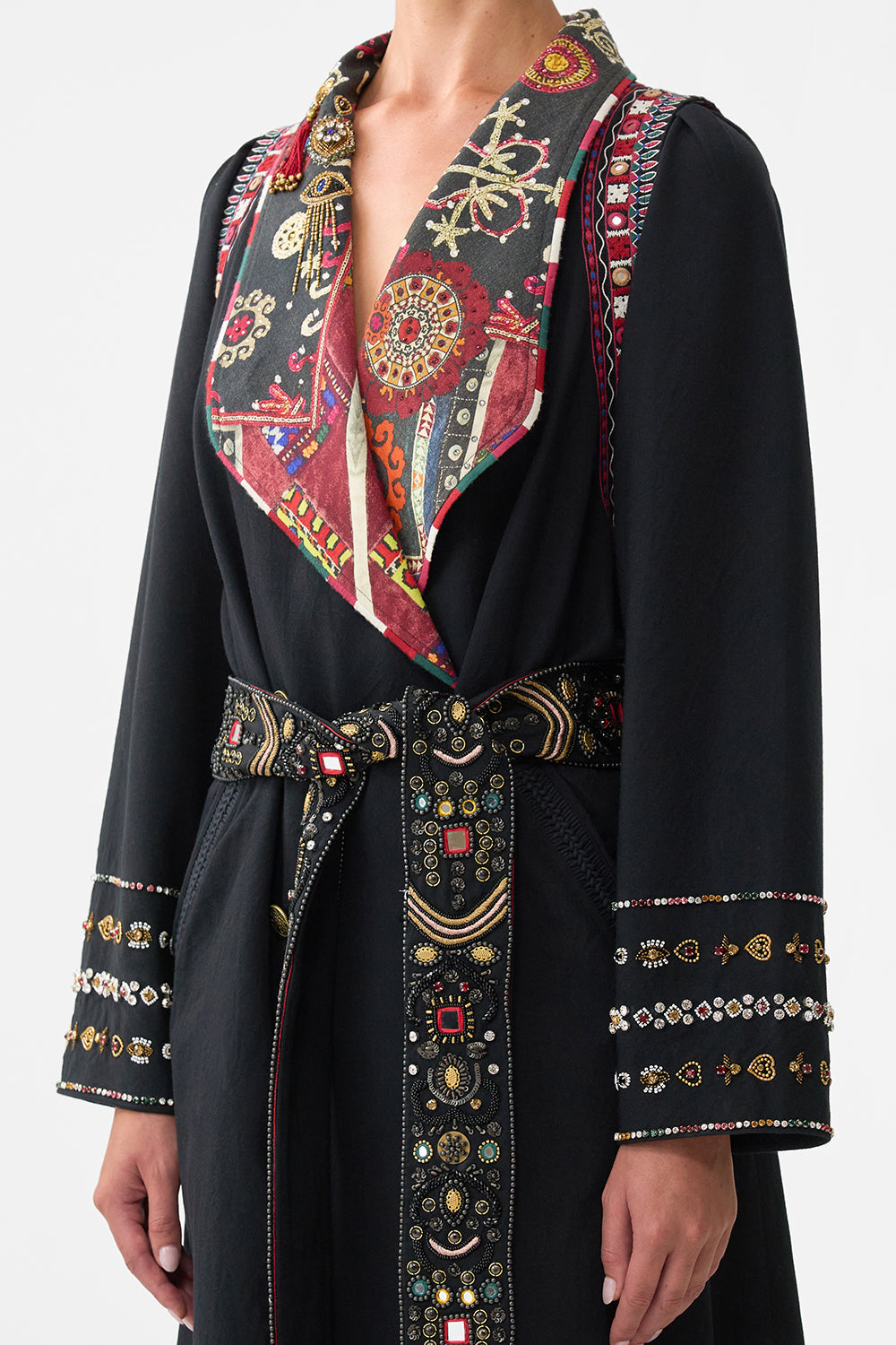 The CAMILLA COAT WITH VEST DETAIL PATCHWORK ALCHEMY in our  print.
