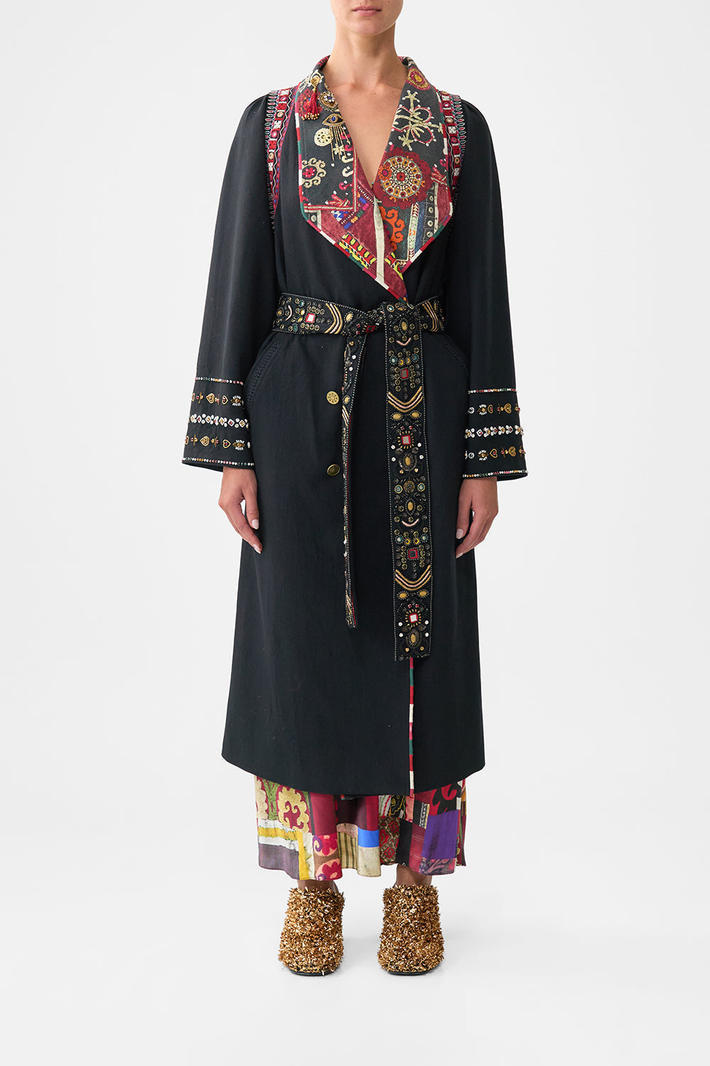 The CAMILLA COAT WITH VEST DETAIL PATCHWORK ALCHEMY in our  print.