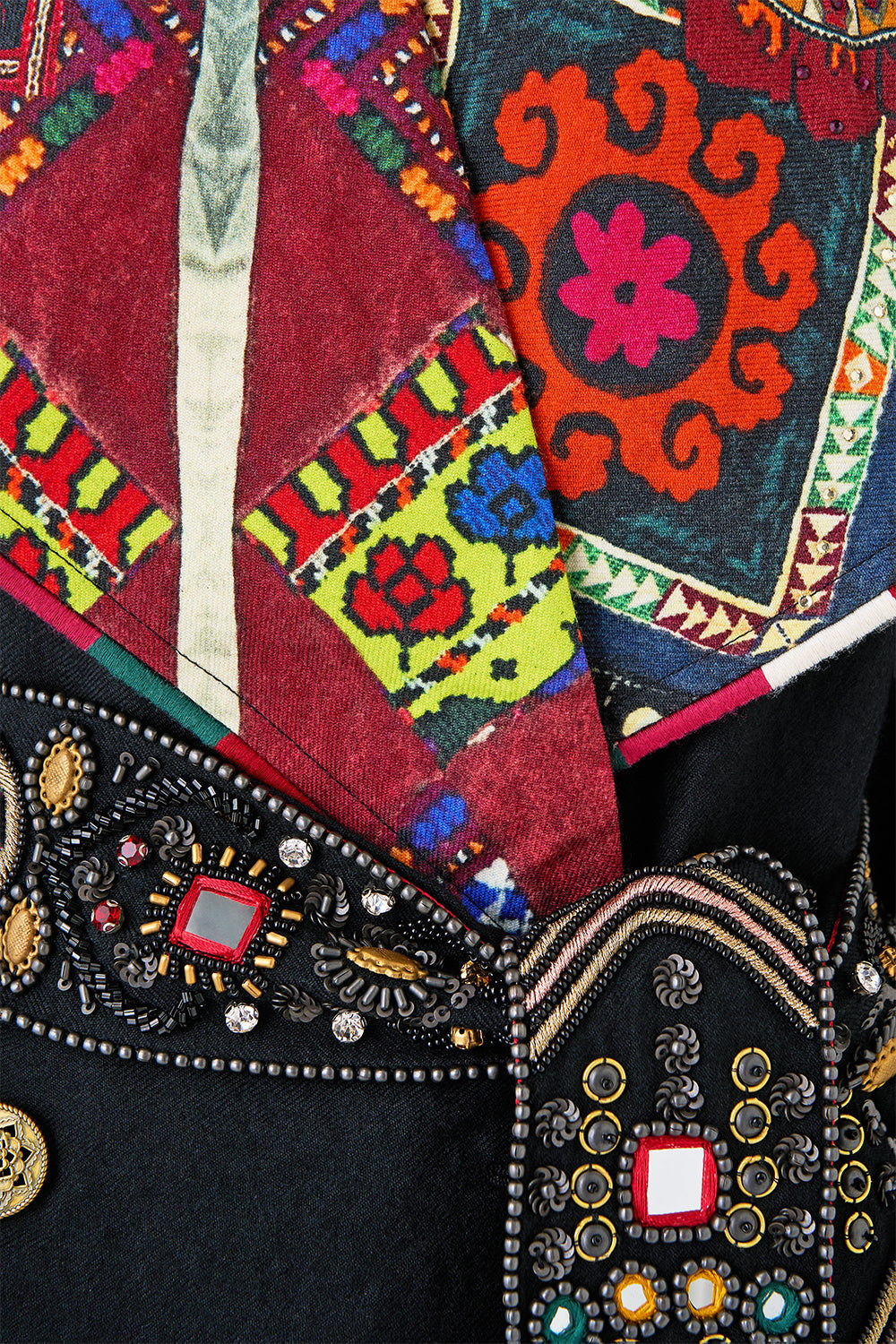 The CAMILLA COAT WITH VEST DETAIL PATCHWORK ALCHEMY in our  print.