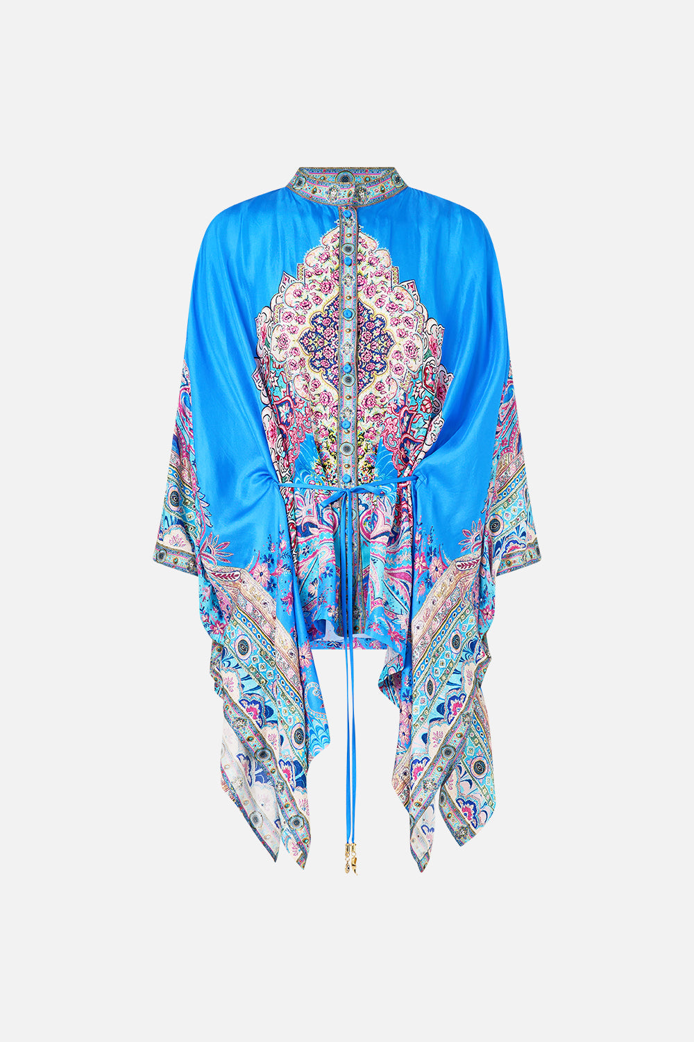 The CAMILLA button through scarf blouse from our print footsteps in folklore, front product view