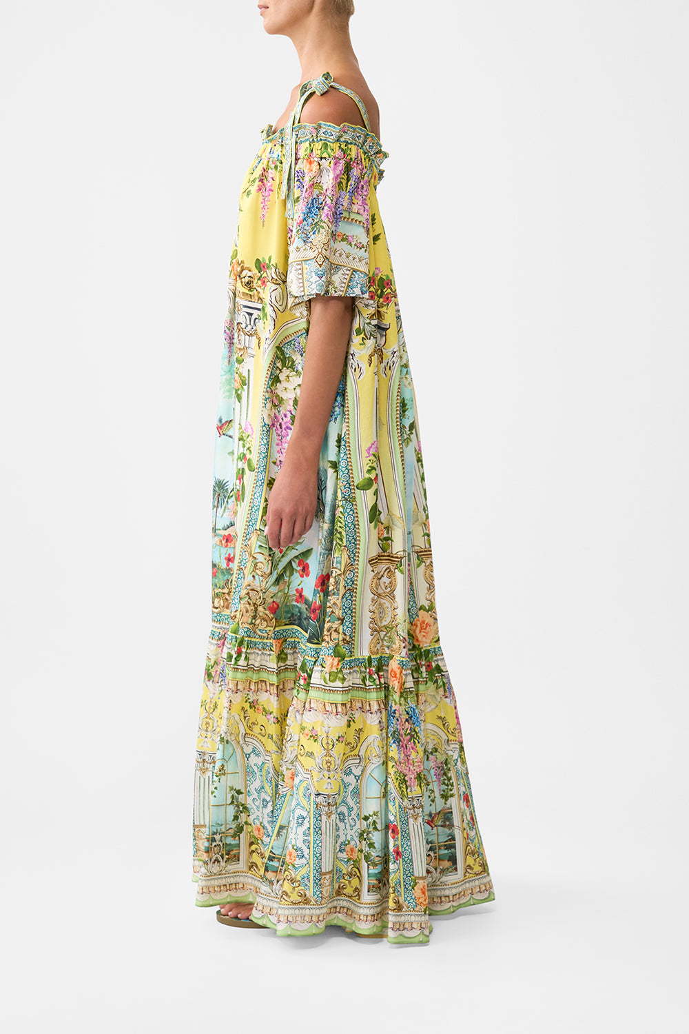 The CAMILLA long off shoulder frill dress with straps from our print tales of Topkapi palace