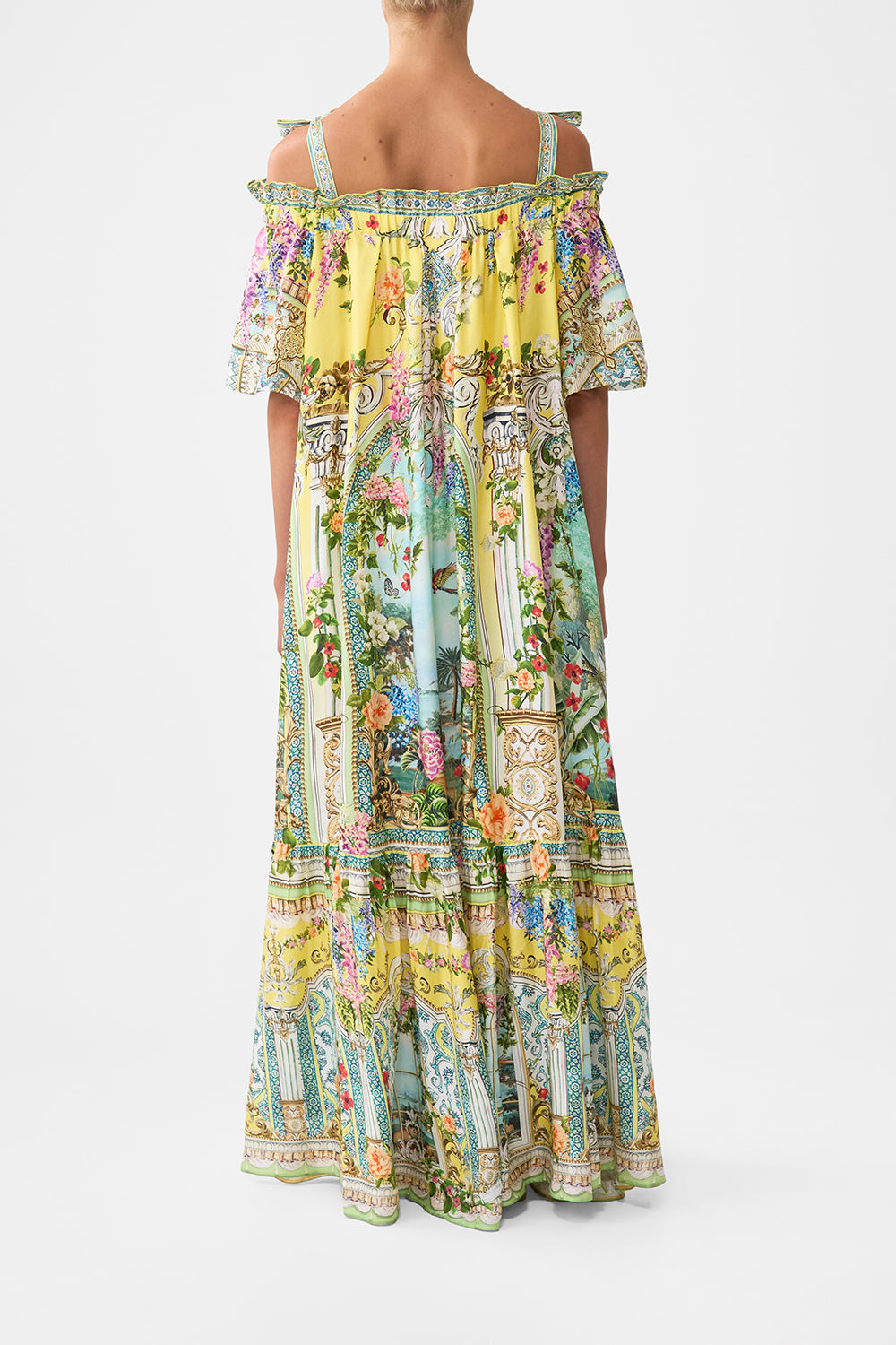 The CAMILLA long off shoulder frill dress with straps from our print tales of Topkapi palace