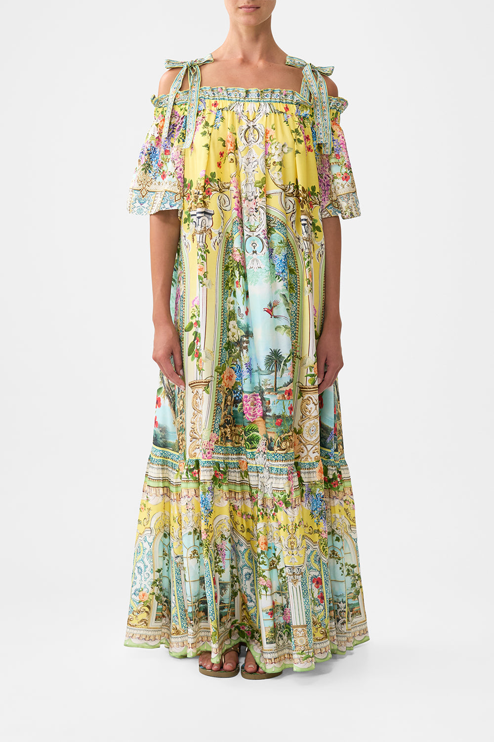 The CAMILLA long off shoulder frill dress with straps from our print tales of Topkapi palace