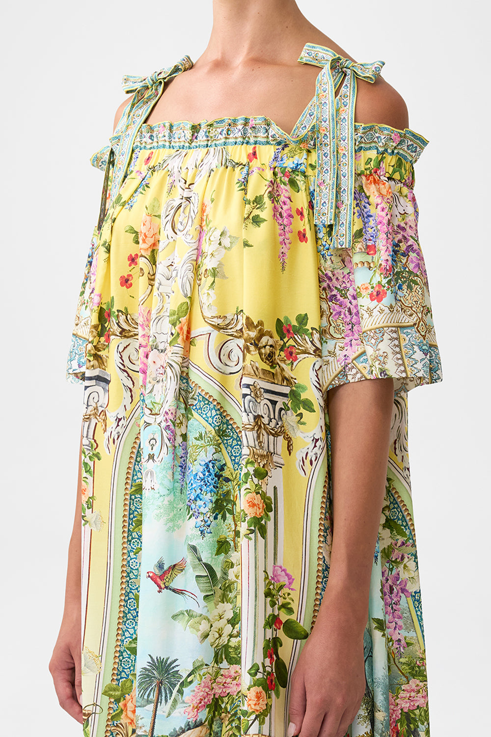 The CAMILLA long off shoulder frill dress with straps from our print tales of Topkapi palace