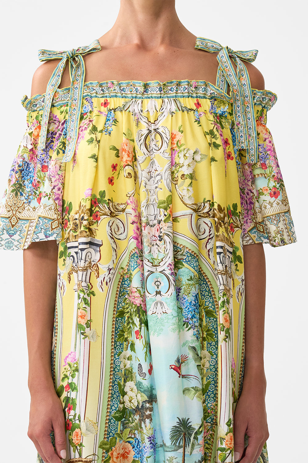 The CAMILLA long off shoulder frill dress with straps from our print tales of Topkapi palace