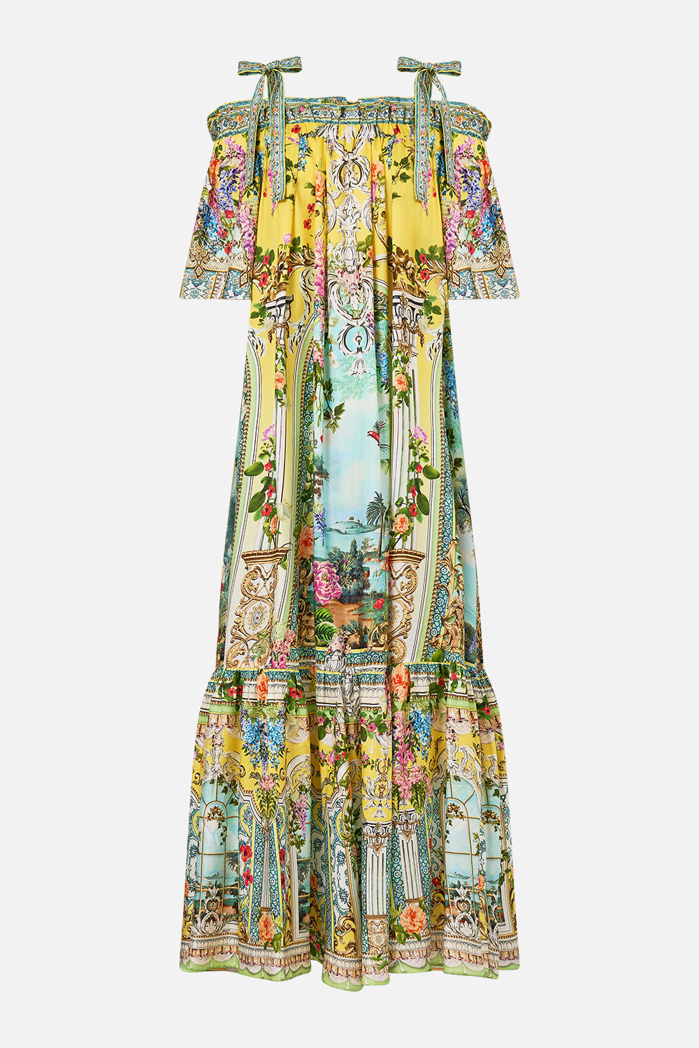 The CAMILLA long off shoulder frill dress with straps from our print tales of Topkapi palace, front product view