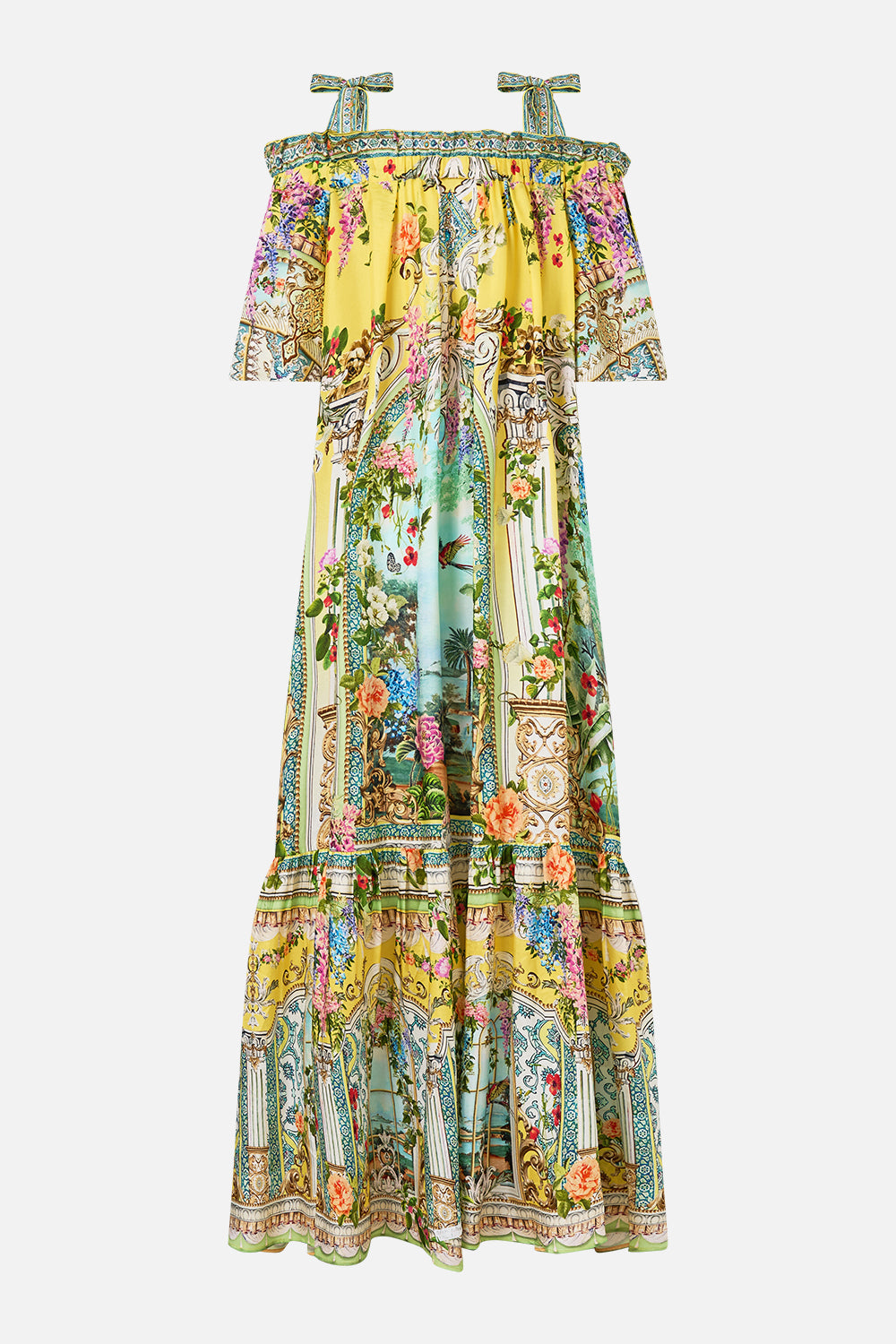 The CAMILLA long off shoulder frill dress with straps from our print tales of Topkapi palace, back product view