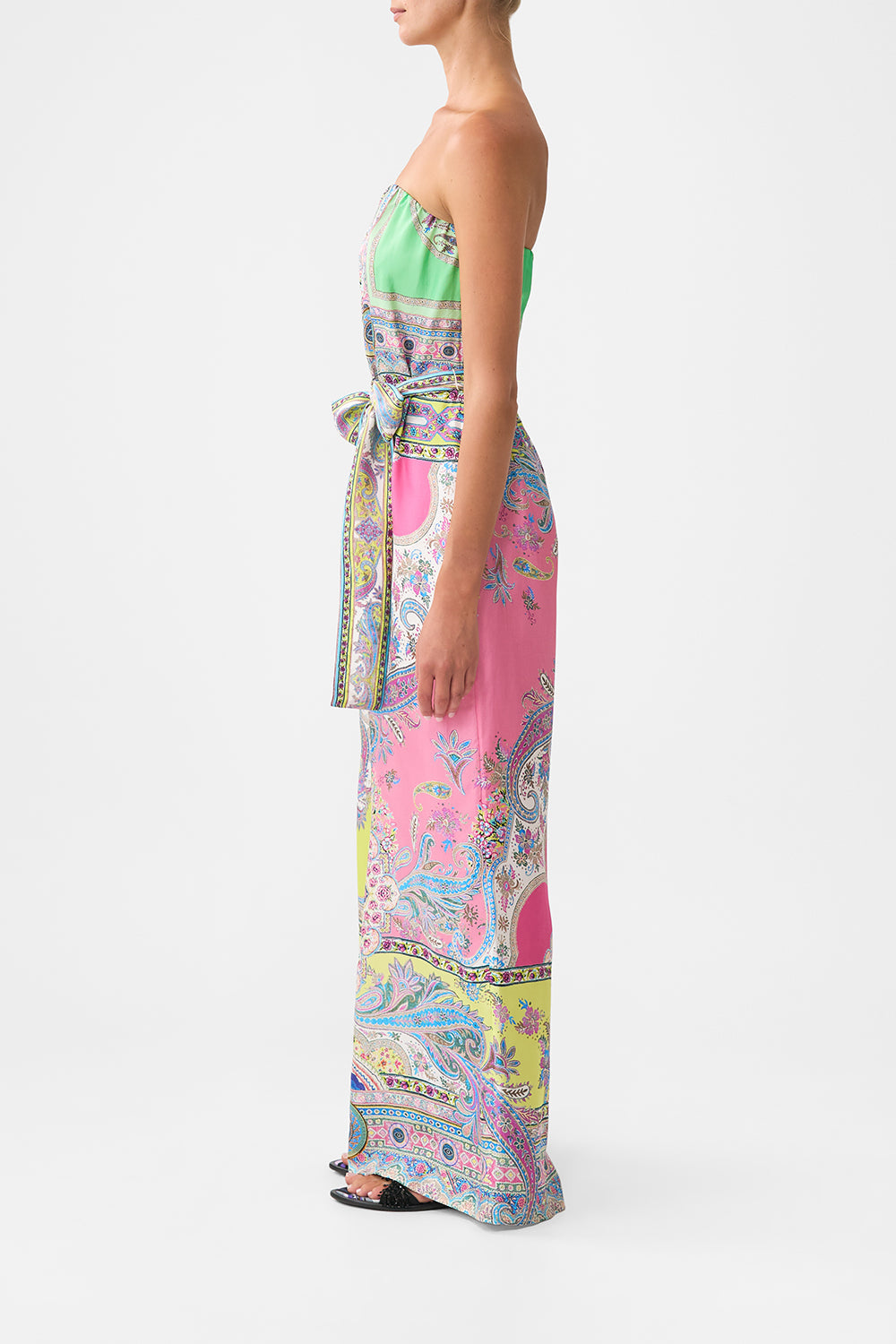 The CAMILLA TIE WAIST STRAPLESS JUMPSUIT MAGIC CARPET RIDE in our  print.