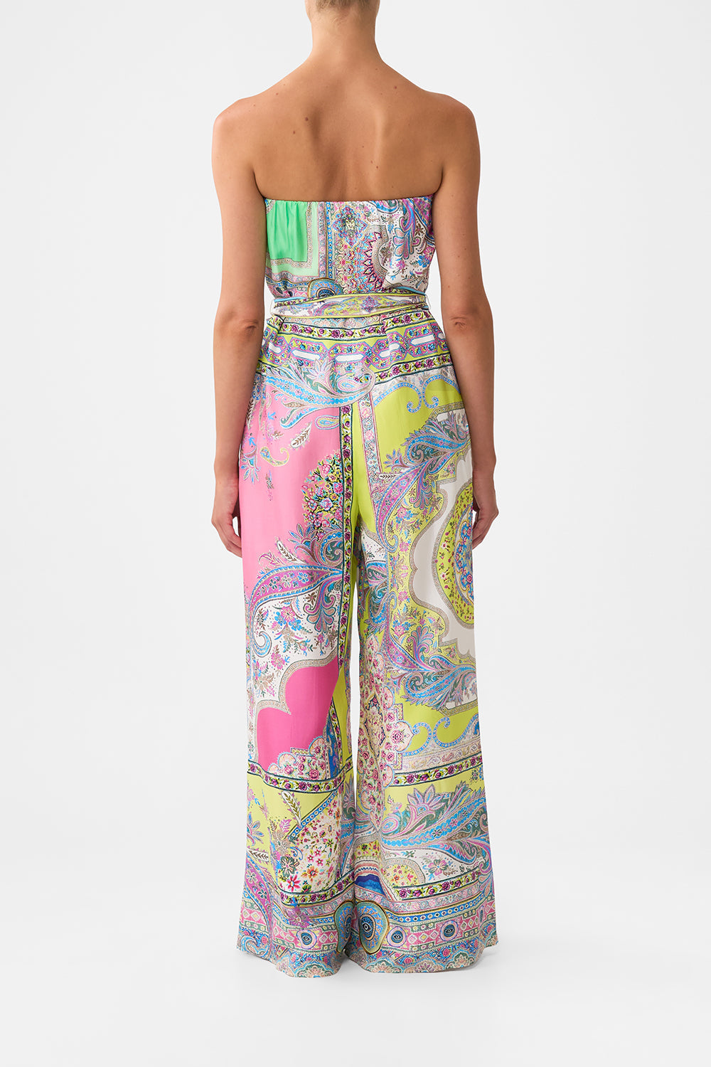 The CAMILLA TIE WAIST STRAPLESS JUMPSUIT MAGIC CARPET RIDE in our  print.