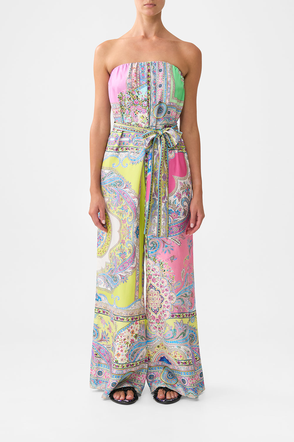 The CAMILLA TIE WAIST STRAPLESS JUMPSUIT MAGIC CARPET RIDE in our MAGIC CARPET RIDE print.