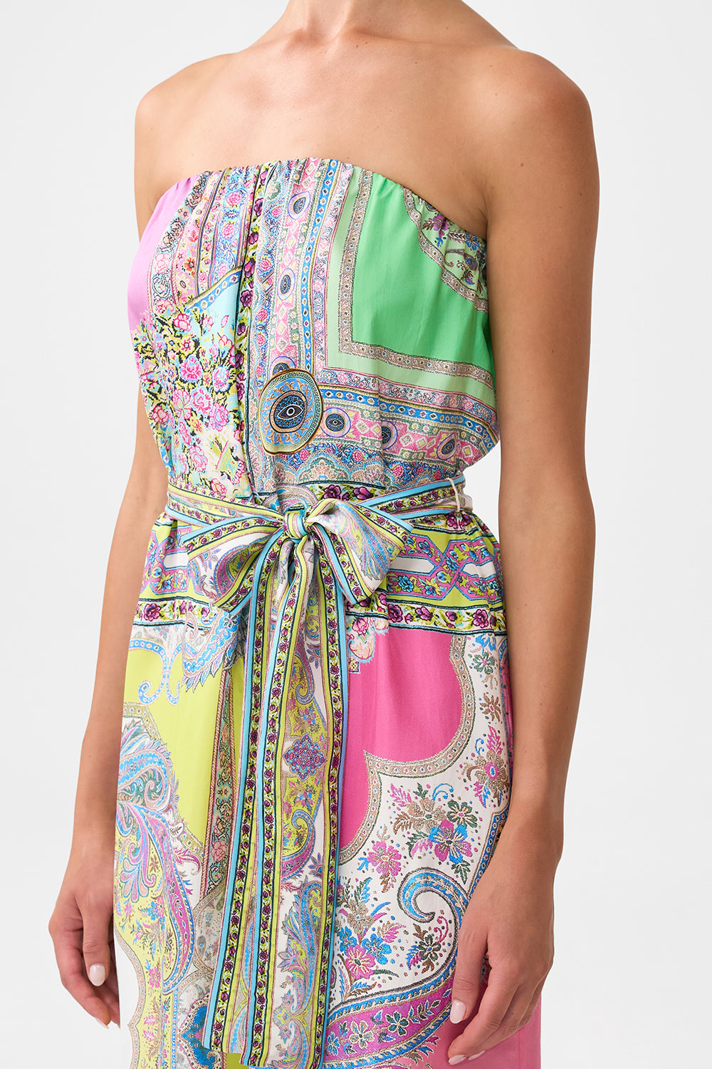The CAMILLA TIE WAIST STRAPLESS JUMPSUIT MAGIC CARPET RIDE in our  print.