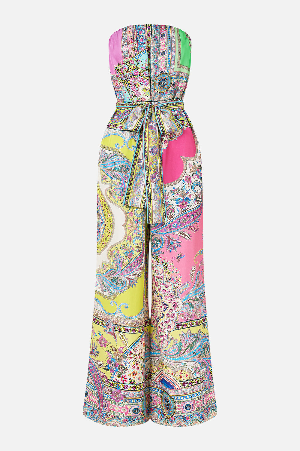 The CAMILLA TIE WAIST STRAPLESS JUMPSUIT MAGIC CARPET RIDE in our  print.