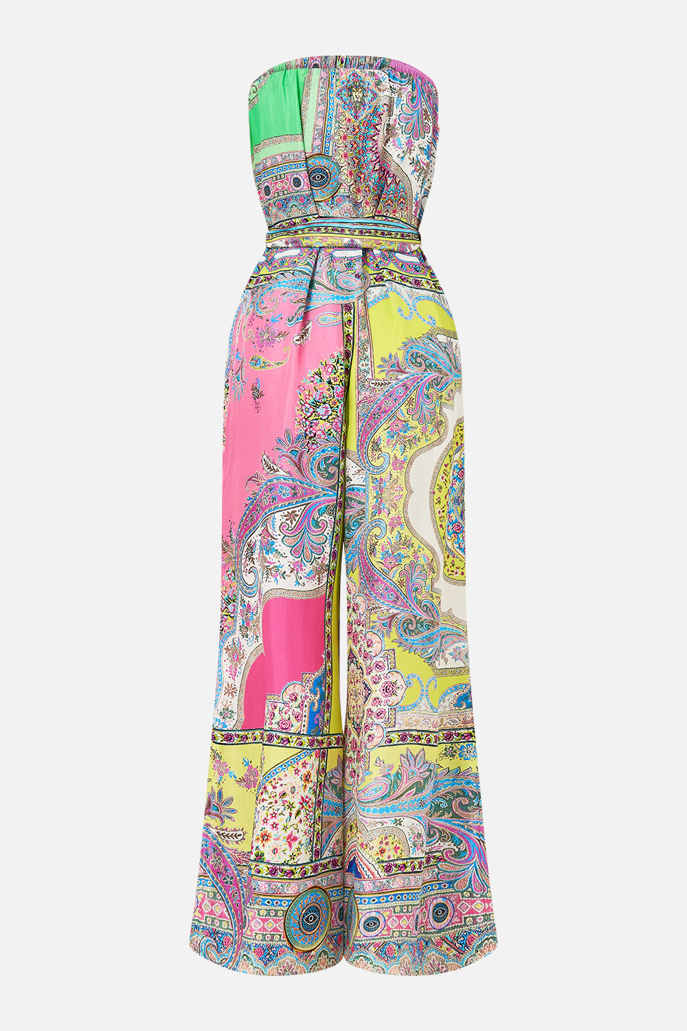 The CAMILLA TIE WAIST STRAPLESS JUMPSUIT MAGIC CARPET RIDE in our  print.