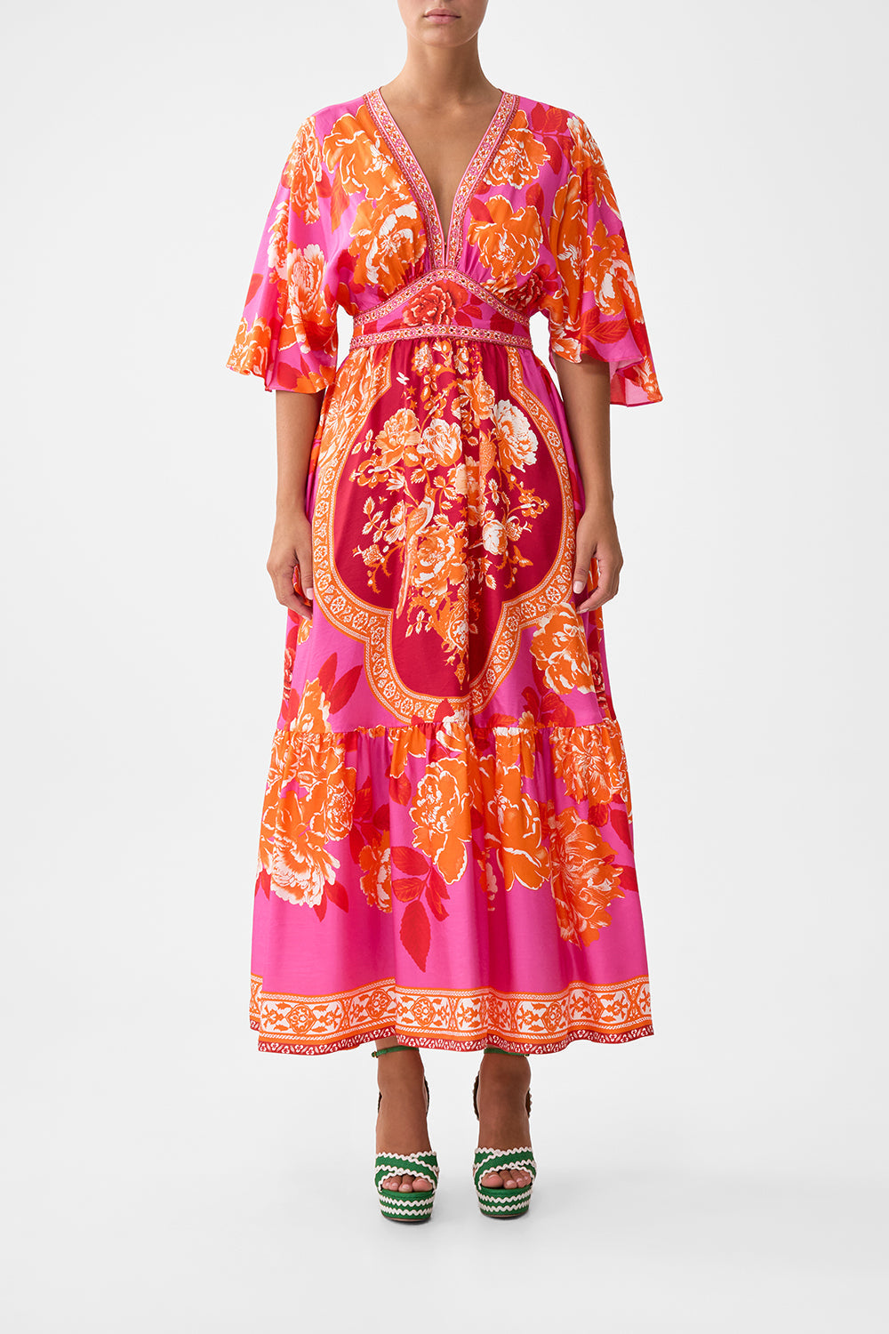 The CAMILLA WAISTED DRESS WITH HEM RUFFLE TILES OF TÜRKIYE in our TILES OF TÜRKIYE print.