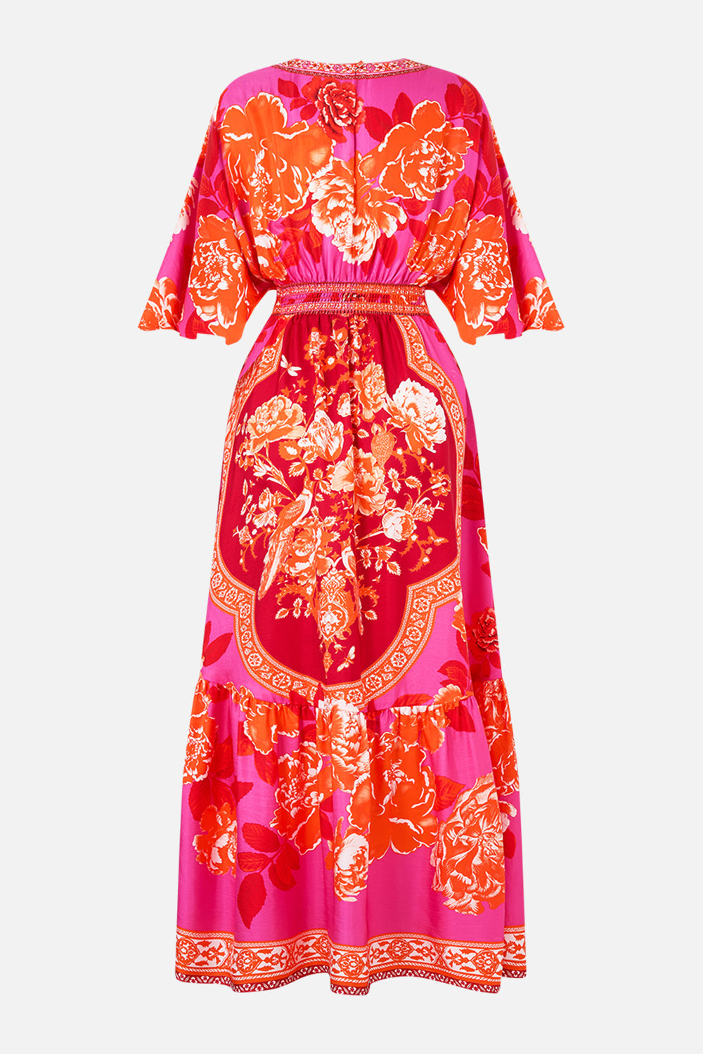 The CAMILLA WAISTED DRESS WITH HEM RUFFLE TILES OF TÜRKIYE in our  print.