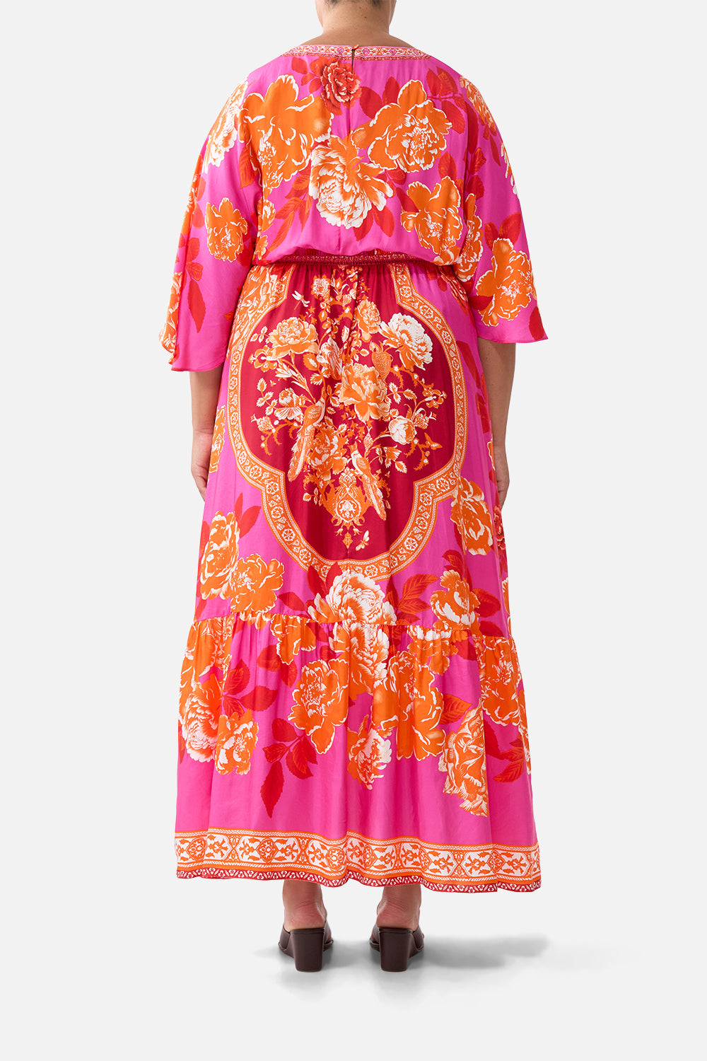 The CAMILLA WAISTED DRESS WITH HEM RUFFLE TILES OF TÜRKIYE in our  print.