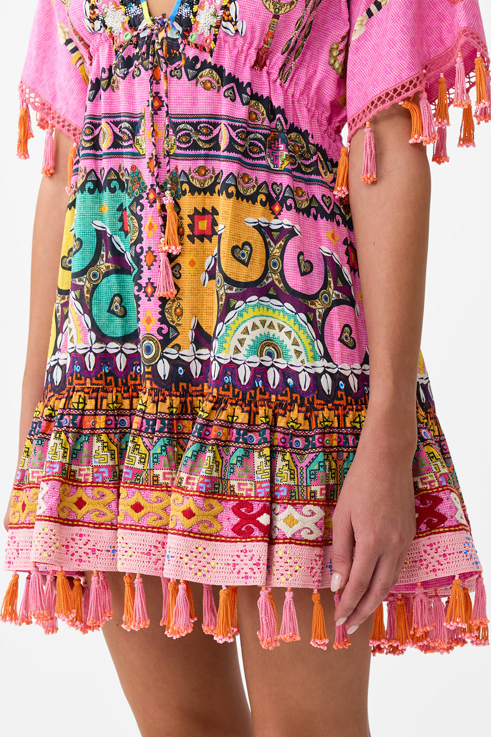 The CAMILLA short v neck embroidered dress from our print patchwork panorama