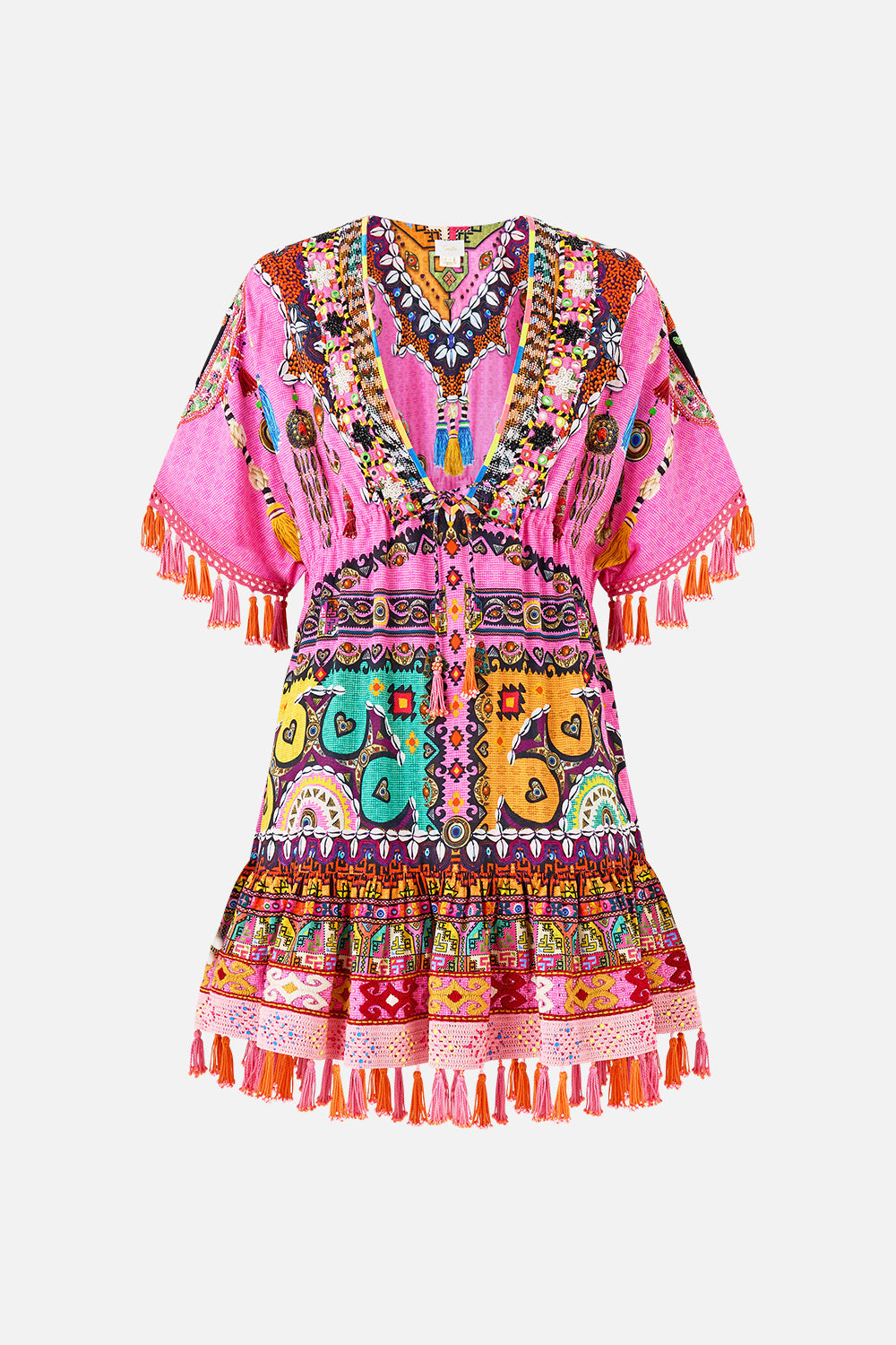 The CAMILLA short v neck embroidered dress from our print patchwork panorama, front product view