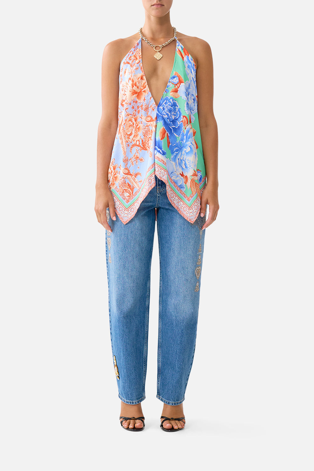 The CAMILLA knotted scarf top from our print Topkapi pop, front model view