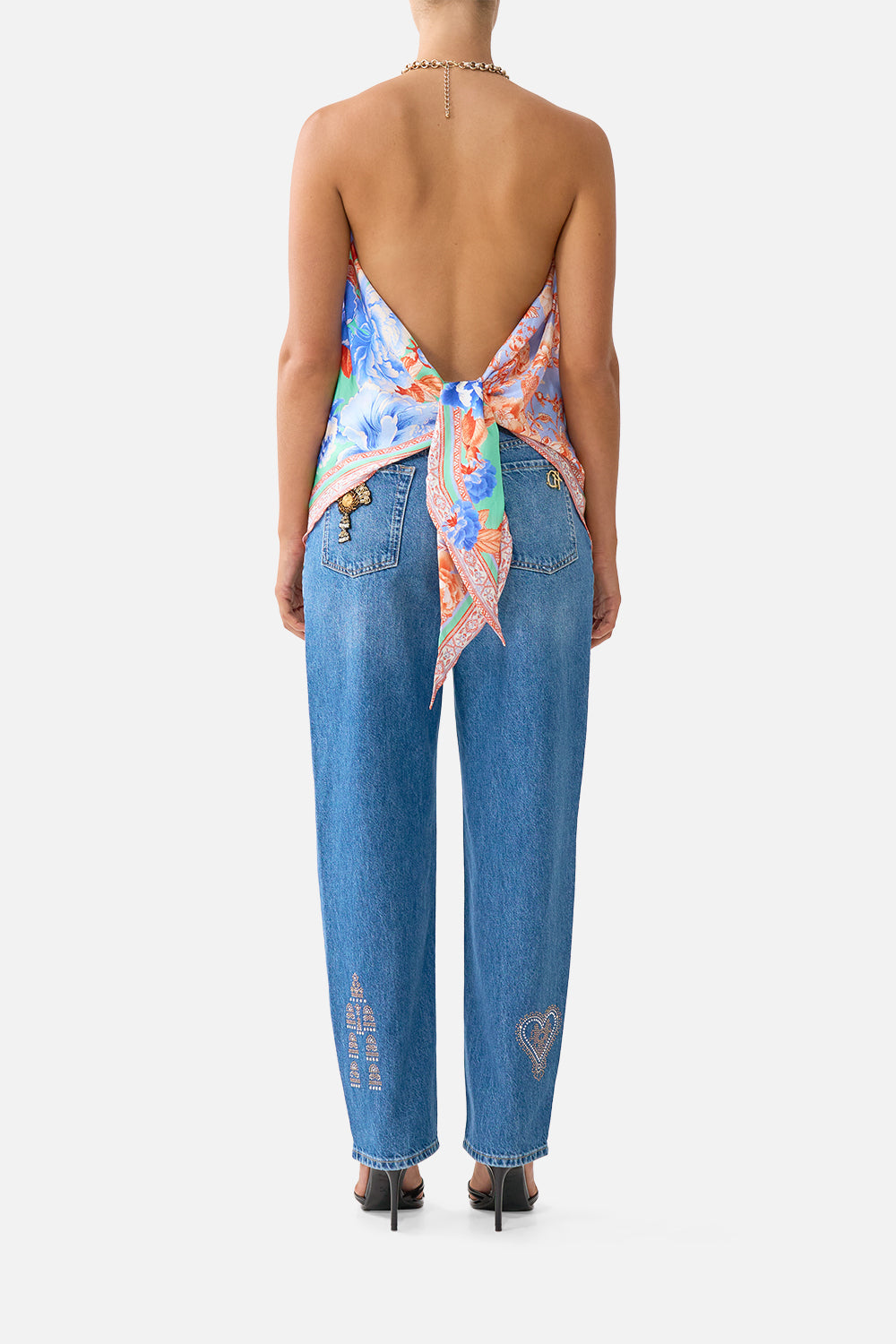 The CAMILLA knotted scarf top from our print Topkapi pop, back model view
