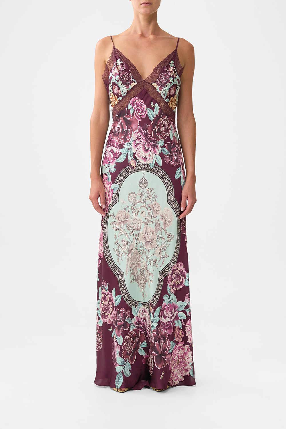 The CAMILLA V-NECK LONG BIAS SLIP DRESS WITH TRAIN IF THESE TILES COULD TALK in our IF THESE TILES COULD TALK print.