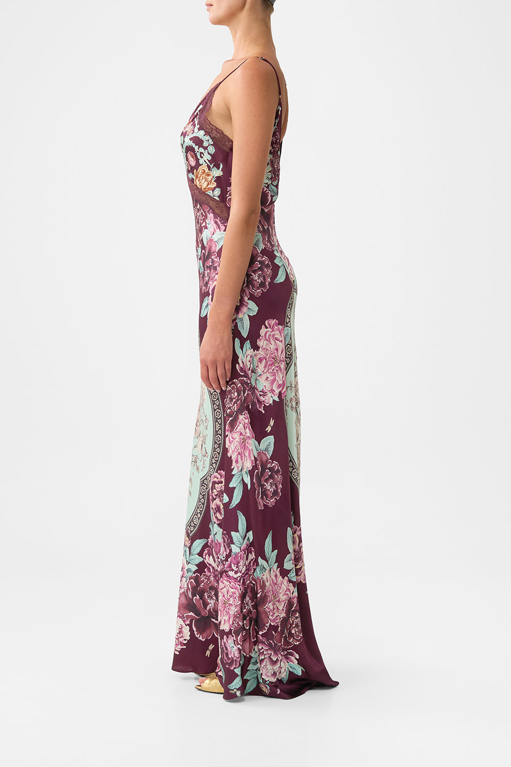 The CAMILLA V-NECK LONG BIAS SLIP DRESS WITH TRAIN IF THESE TILES COULD TALK in our  print.