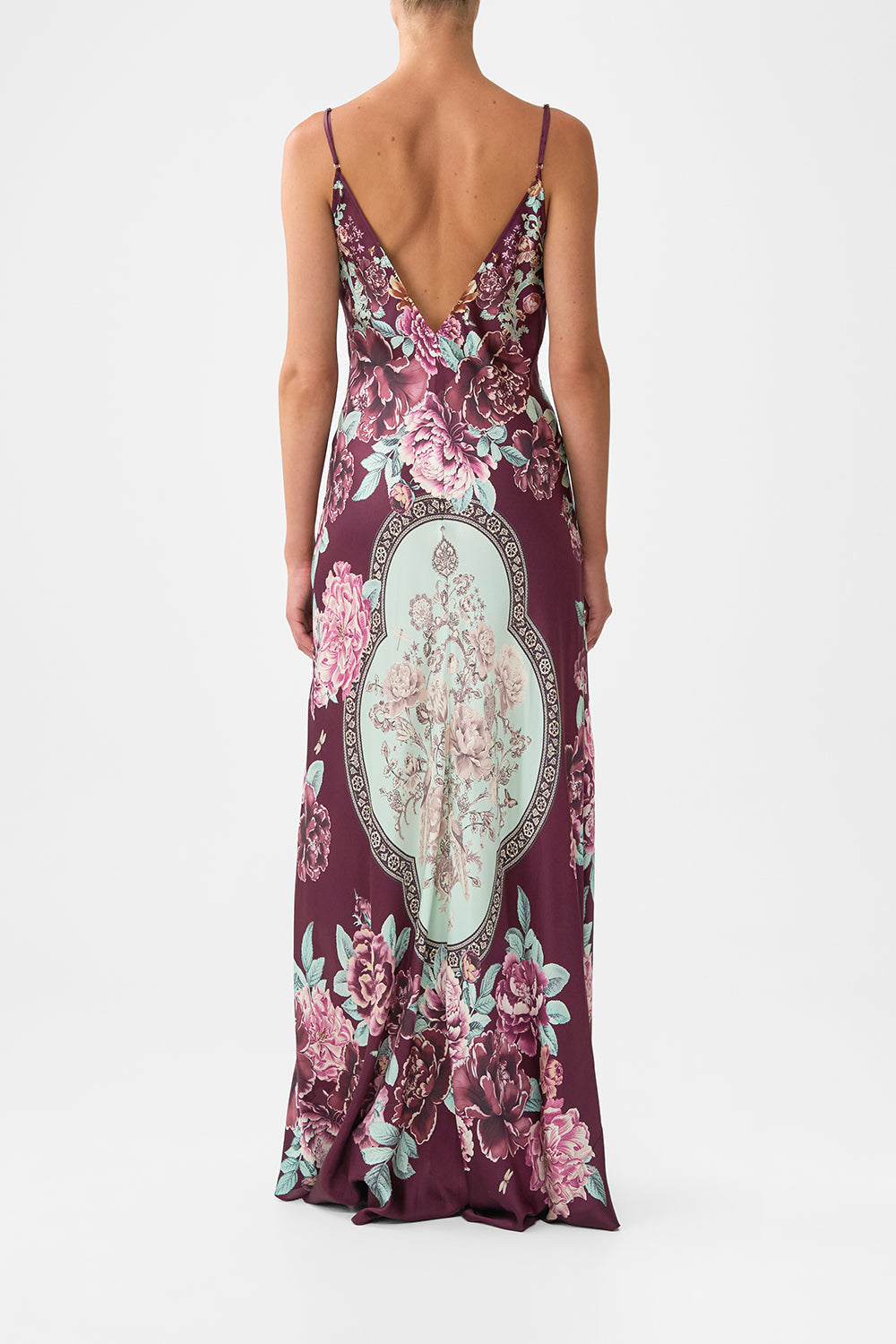 The CAMILLA V-NECK LONG BIAS SLIP DRESS WITH TRAIN IF THESE TILES COULD TALK in our  print.