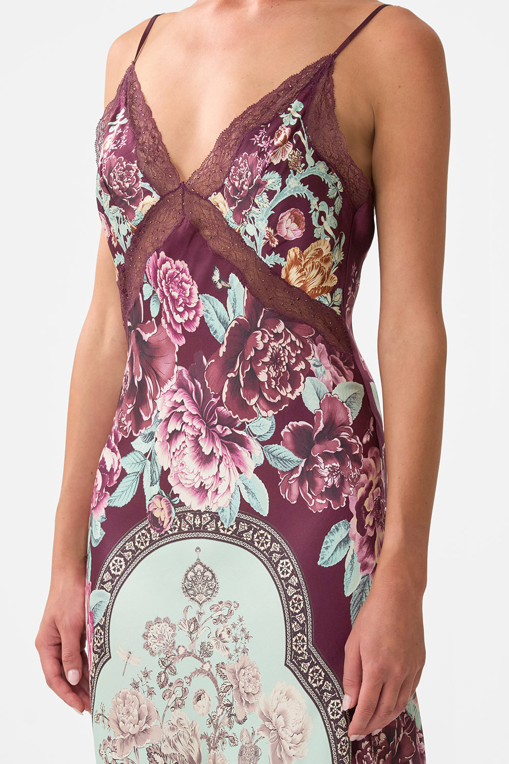 The CAMILLA V-NECK LONG BIAS SLIP DRESS WITH TRAIN IF THESE TILES COULD TALK in our  print.