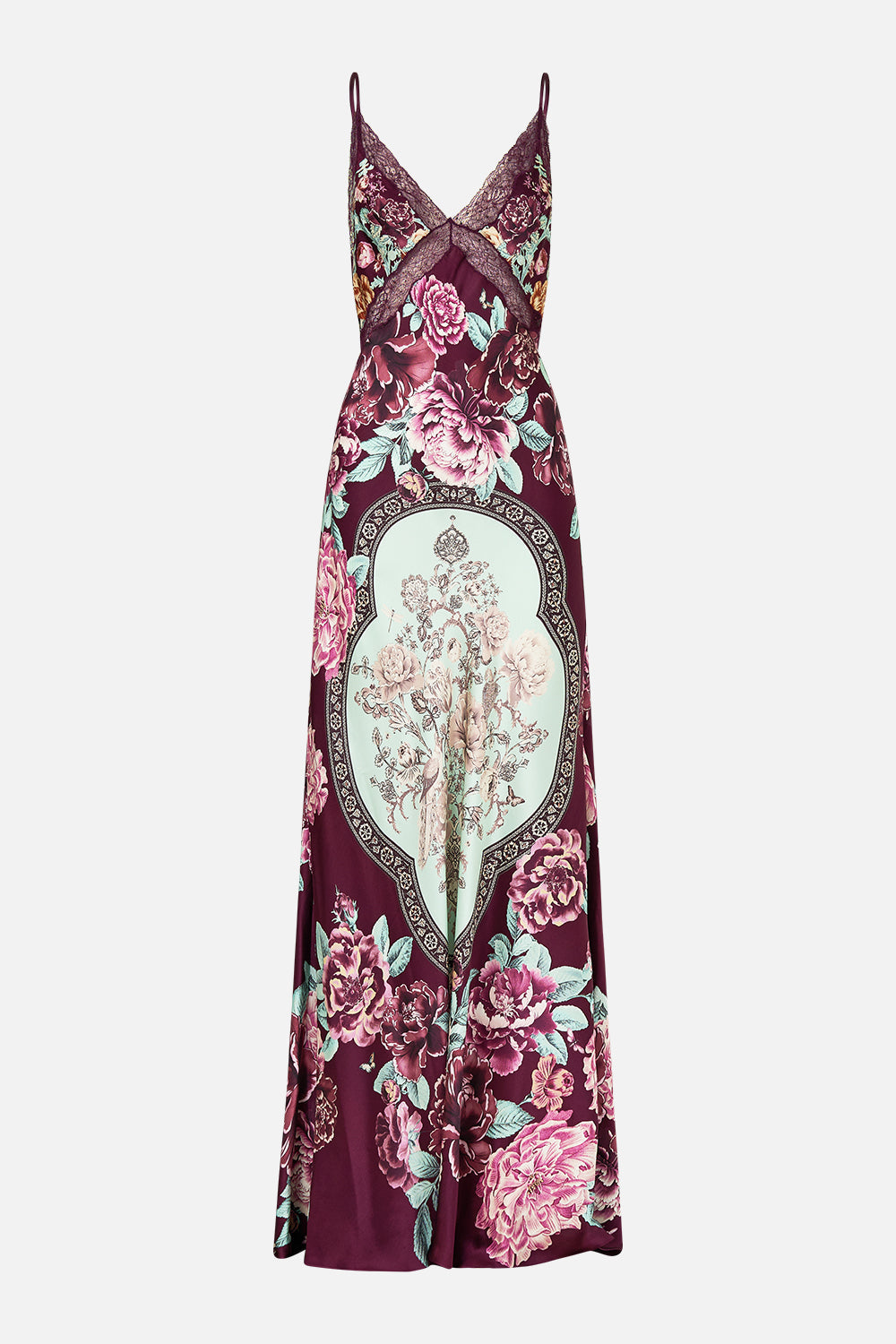The CAMILLA V-NECK LONG BIAS SLIP DRESS WITH TRAIN IF THESE TILES COULD TALK in our  print.