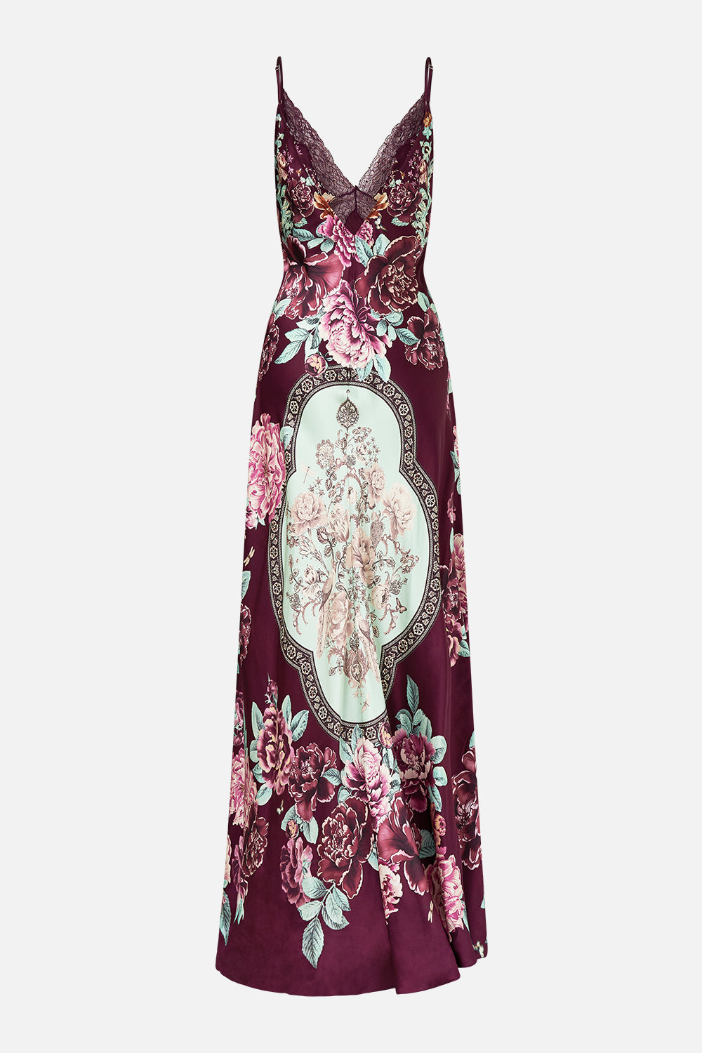 The CAMILLA V-NECK LONG BIAS SLIP DRESS WITH TRAIN IF THESE TILES COULD TALK in our  print.