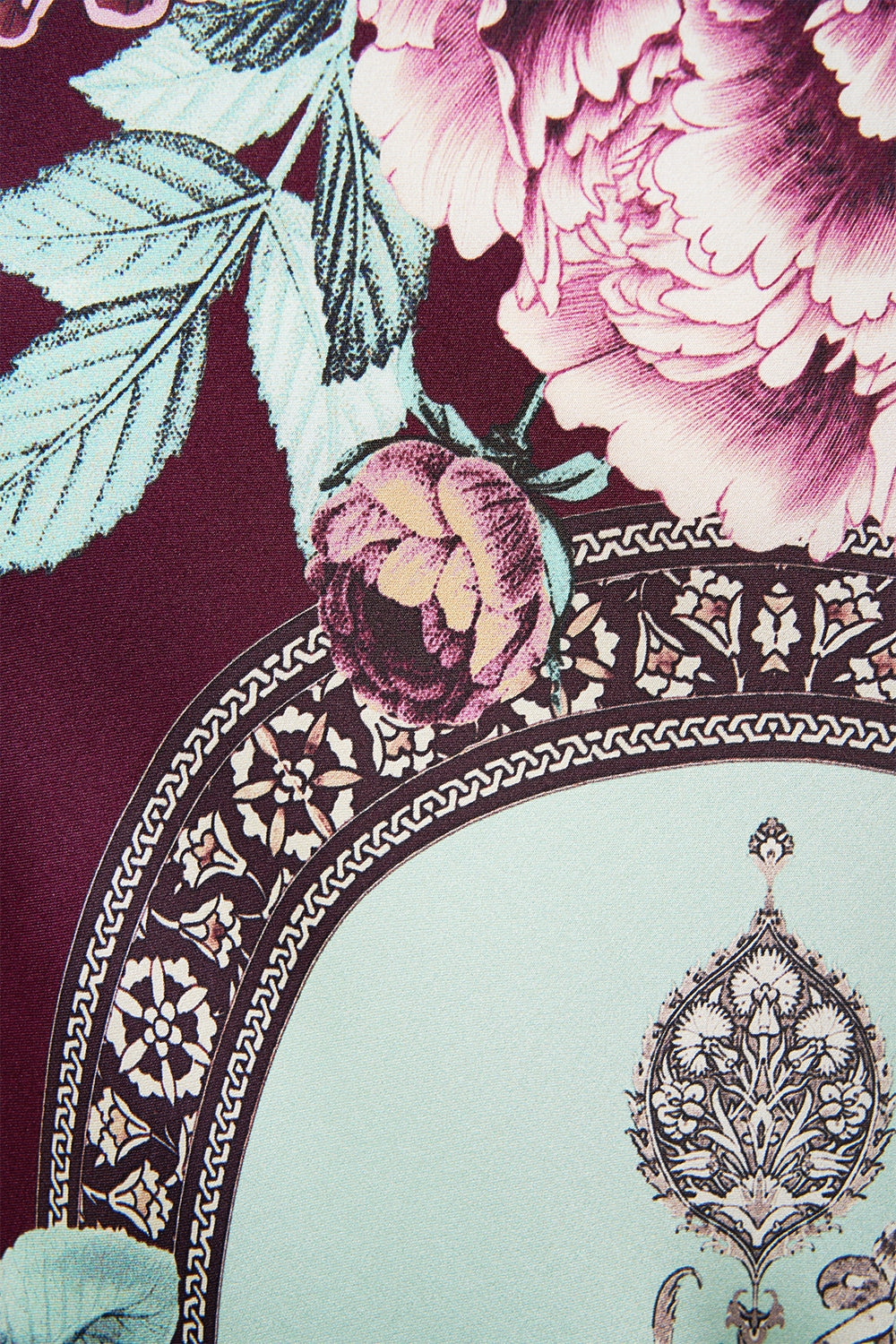 The CAMILLA V-NECK LONG BIAS SLIP DRESS WITH TRAIN IF THESE TILES COULD TALK in our  print.