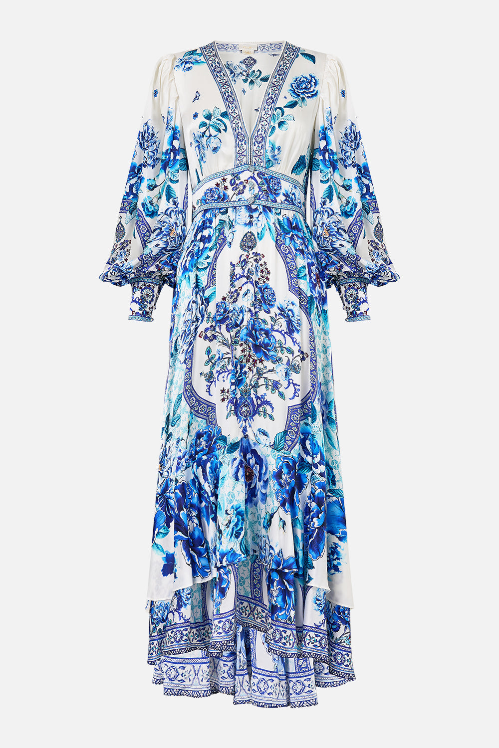 The CAMILLA LONG BUTTON FRONT DRESS A CERAMIC GARDEN in our  print.