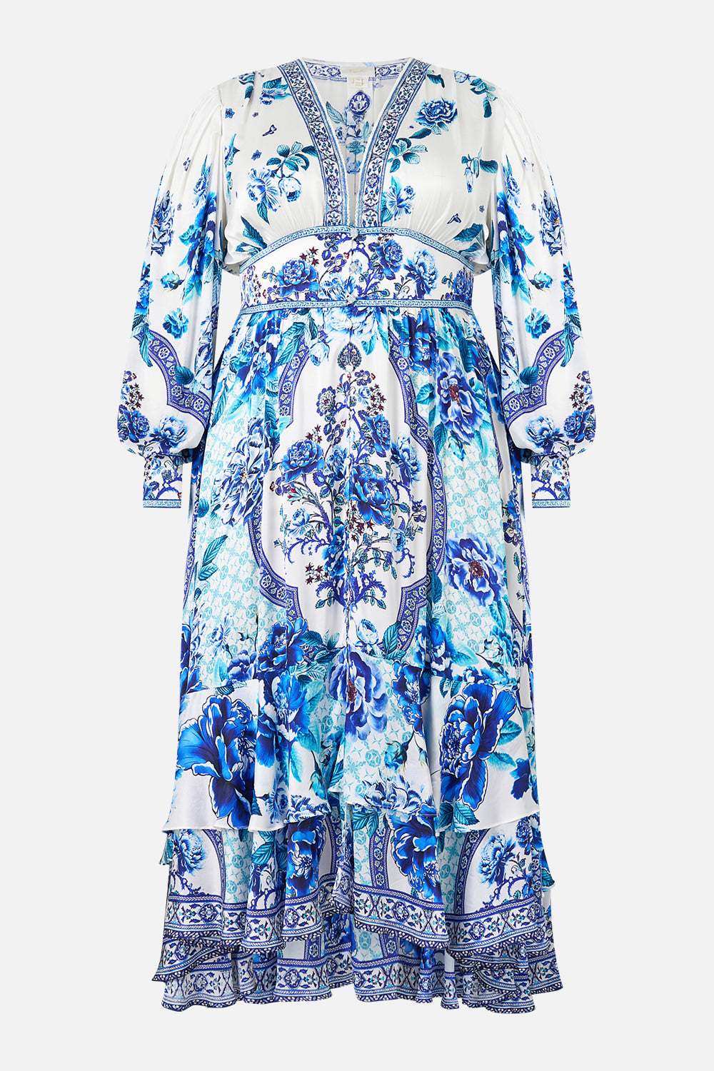 The CAMILLA LONG BUTTON FRONT DRESS A CERAMIC GARDEN in our  print.
