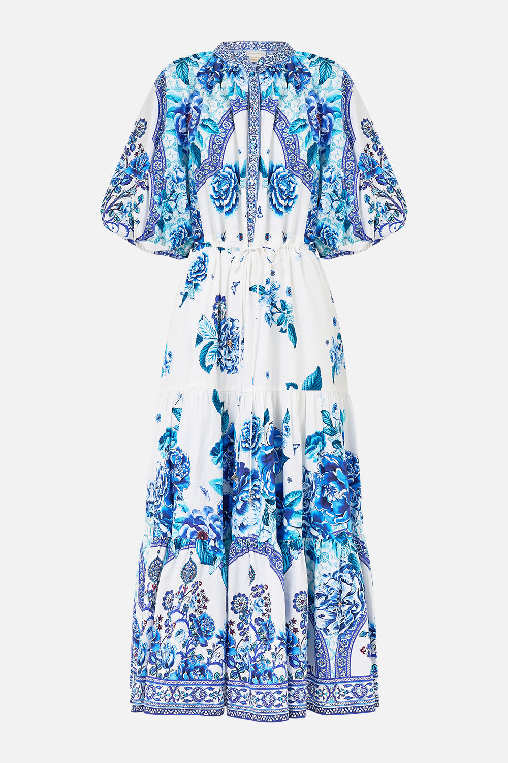 The CAMILLA PUFF SLEEVE MIDI SHIRT DRESS A CERAMIC GARDEN in our  print.