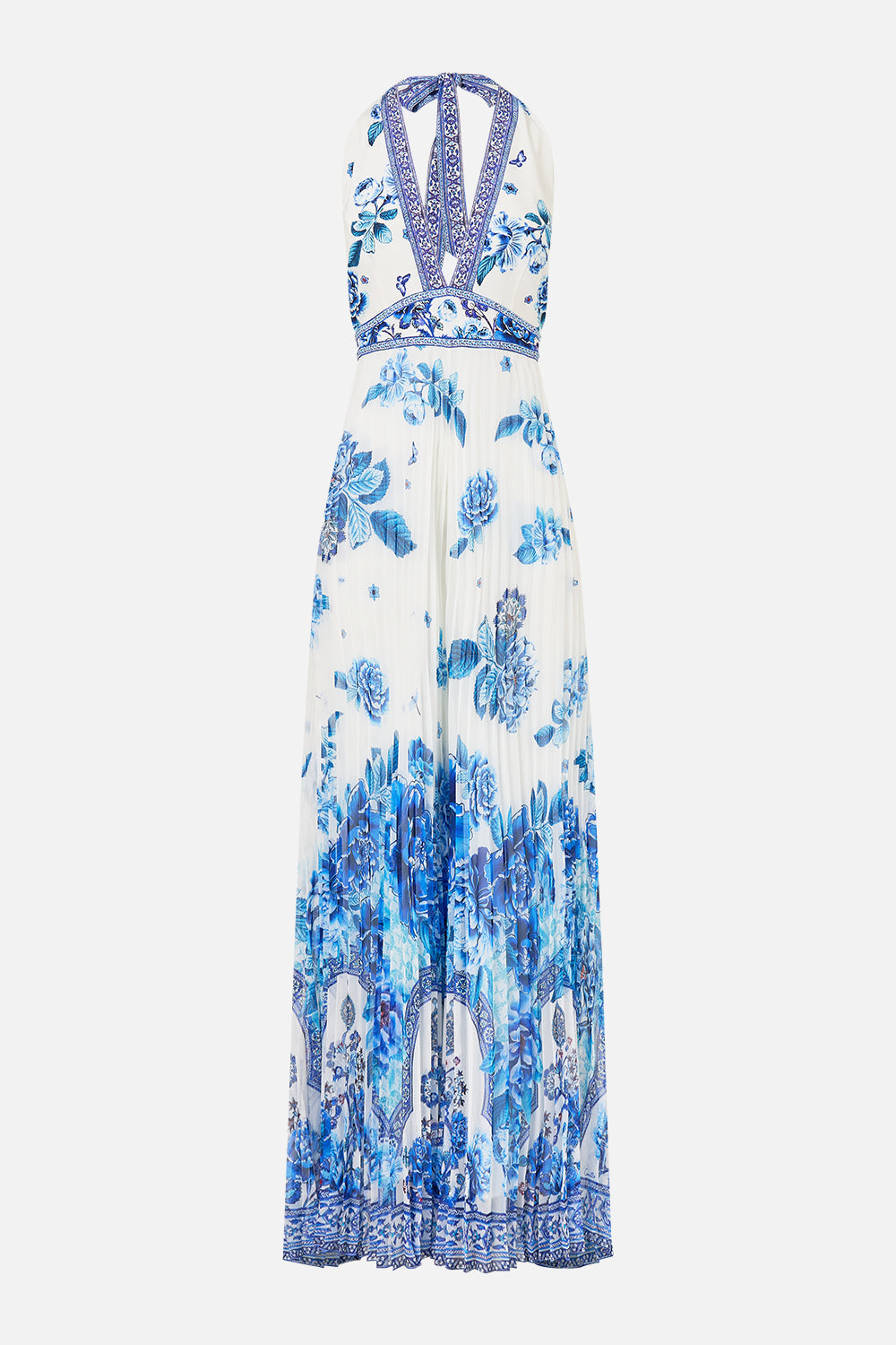 The CAMILLA TIE NECK HALTER JUMPSUIT A CERAMIC GARDEN in our  print.