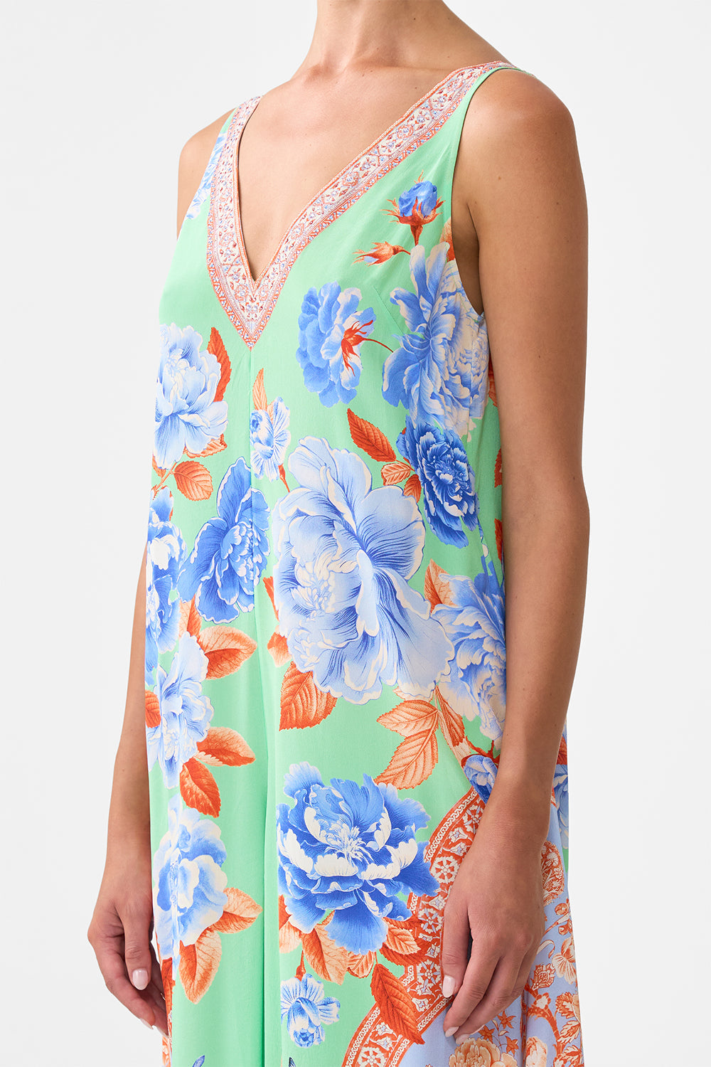 The CAMILLA V NECK FLARED JUMPSUIT TOPKAPI POP in our  print.
