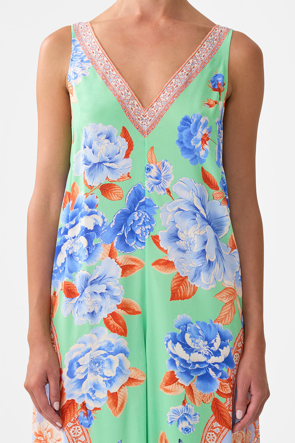 The CAMILLA V NECK FLARED JUMPSUIT TOPKAPI POP in our  print.