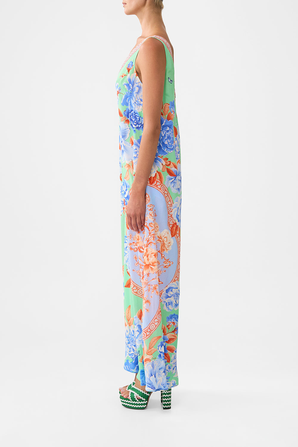 The CAMILLA V NECK FLARED JUMPSUIT TOPKAPI POP in our  print.