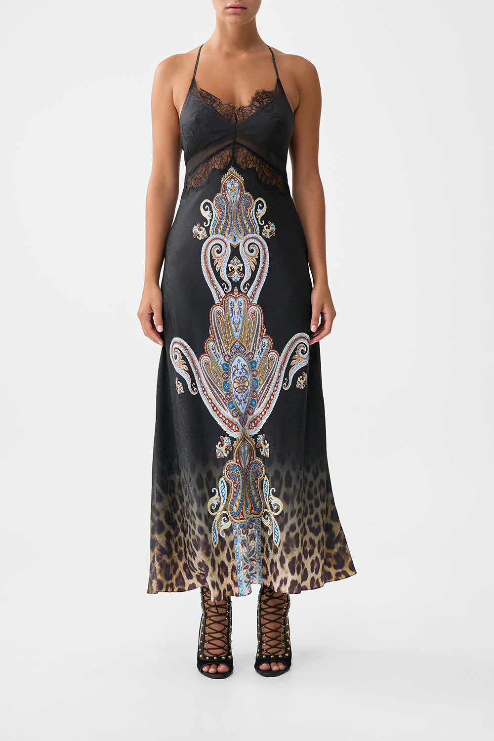 The CAMILLA LACE SPLICE BIAS LONG DRESS ISTANBUL ANIMALIA in our ISTANBUL ANIMALIA print.