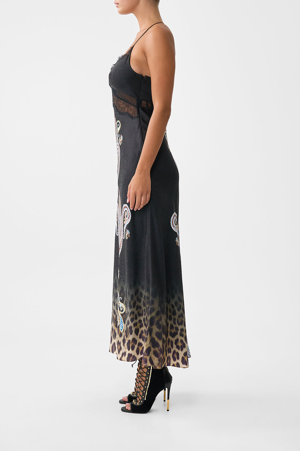 The CAMILLA LACE SPLICE BIAS LONG DRESS ISTANBUL ANIMALIA in our  print.