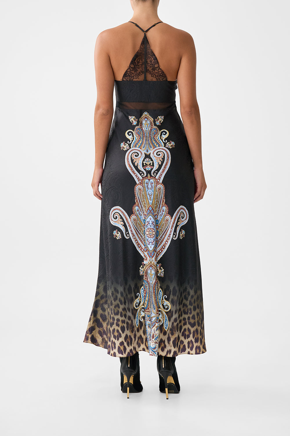 The CAMILLA LACE SPLICE BIAS LONG DRESS ISTANBUL ANIMALIA in our  print.