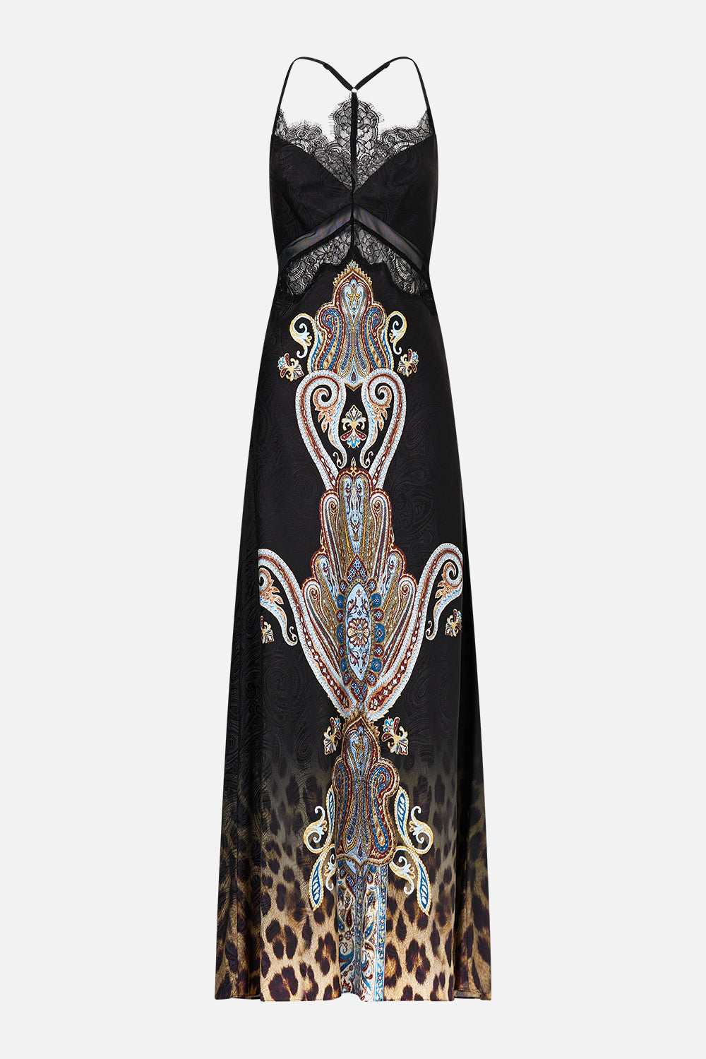 The CAMILLA lace splice bias long dress from our print Istanbul animalia, front product view