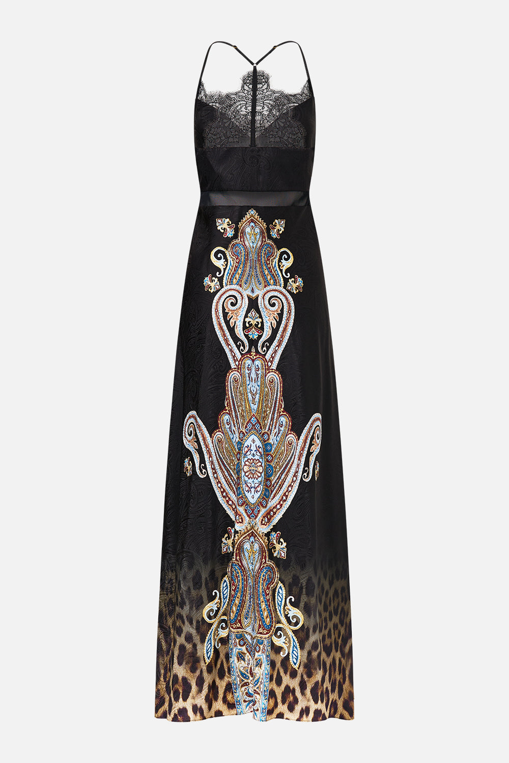 The CAMILLA LACE SPLICE BIAS LONG DRESS ISTANBUL ANIMALIA in our  print.