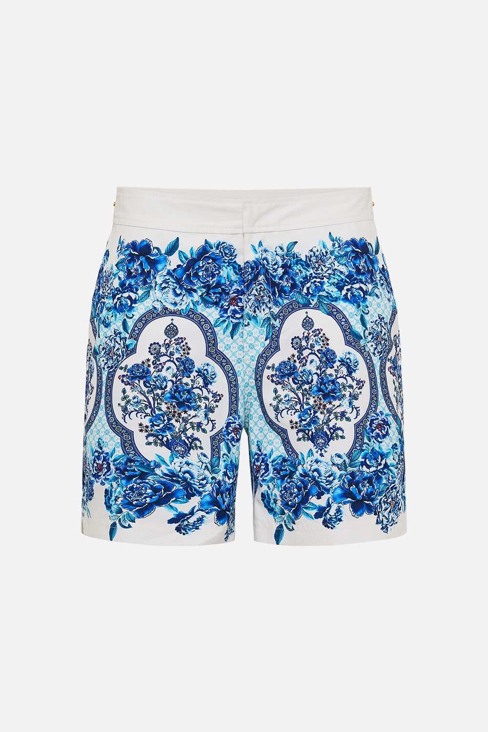 The CAMILLA MID LENGTH BOARDSHORT WITH FIXED WAIST A CERAMIC GARDEN in our  print.