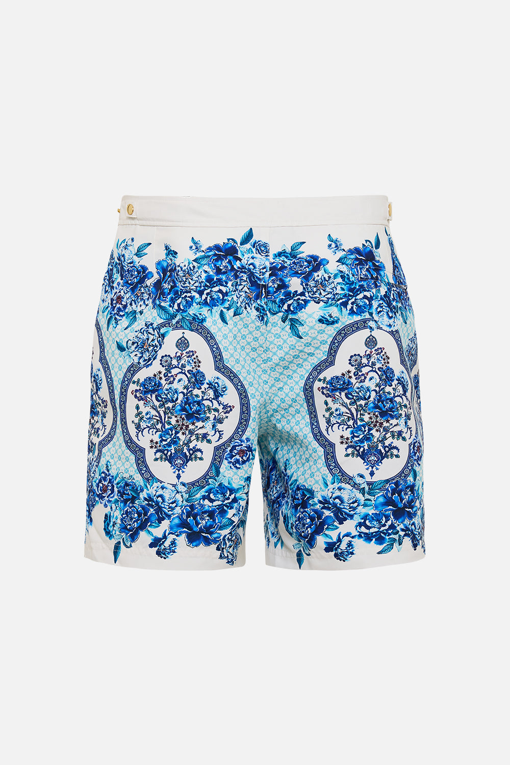 The CAMILLA MID LENGTH BOARDSHORT WITH FIXED WAIST A CERAMIC GARDEN in our  print.