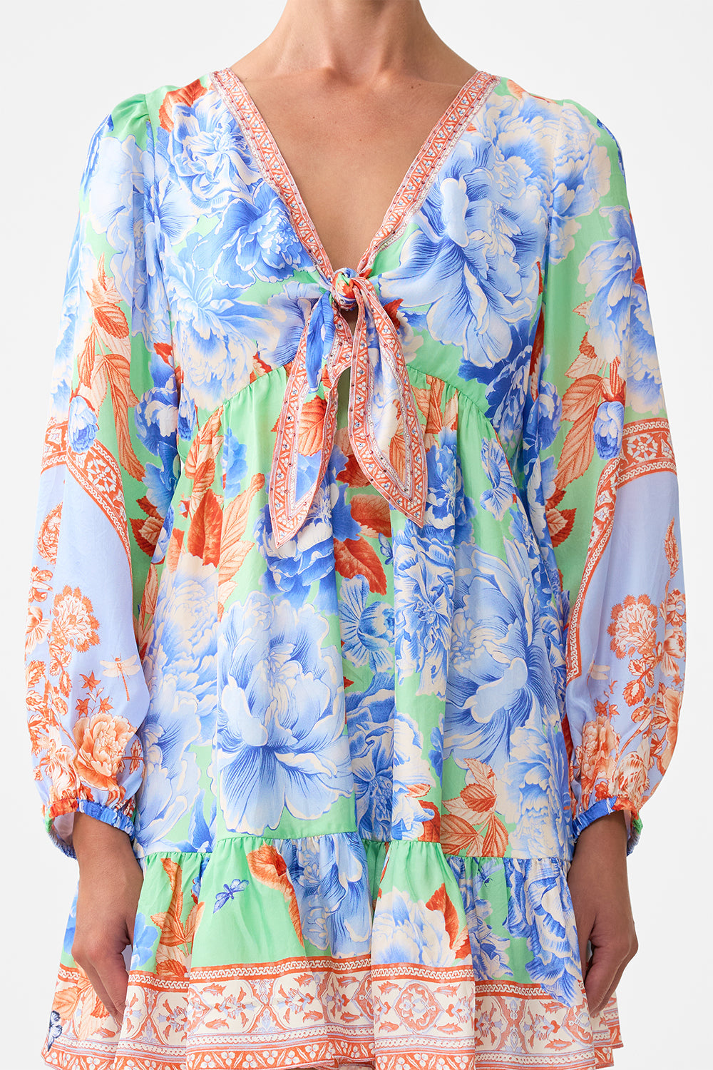 The CAMILLA short tie front blouson dress from our print Topkapi pop