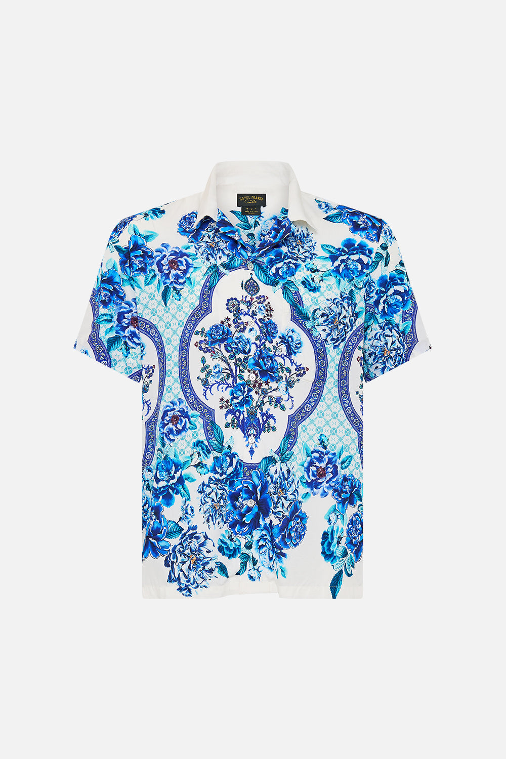 The CAMILLA SHORT SLEEVE CAMP COLLARED SHIRT A CERAMIC GARDEN in our  print.